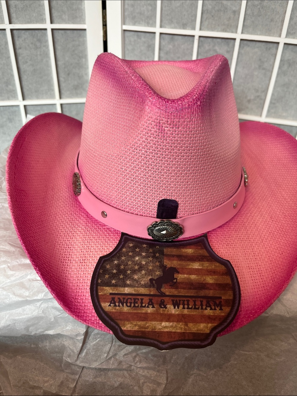 Pink Women's Straw Cowboy Hat with Decorative Concho Band